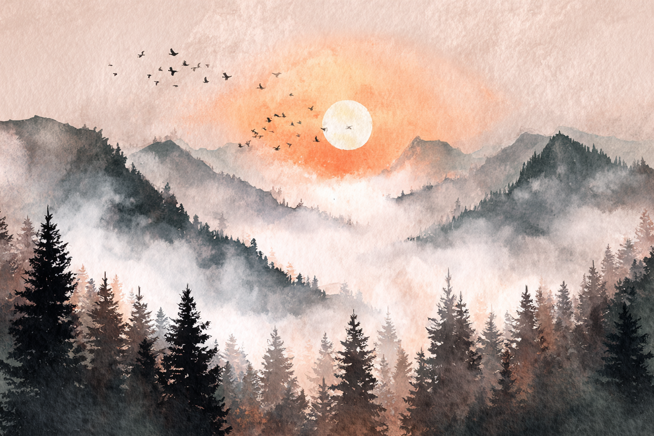 Akvarelinis kalnų peizažas su rūku, saulėtekiu ir sklandančių paukščių siluetais