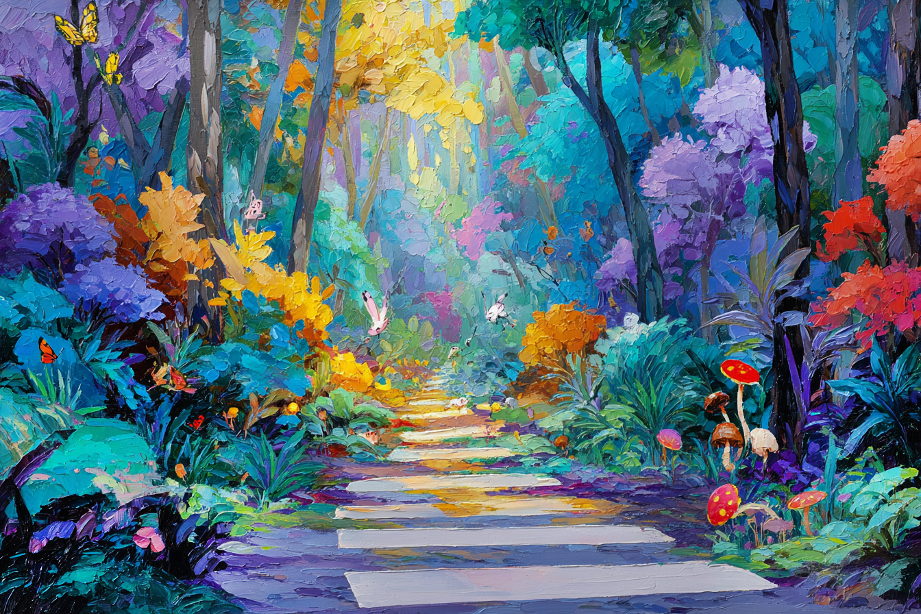 Spalvingas fantazinis miško paveikslas ant drobės su ryškiais gamtos motyvais