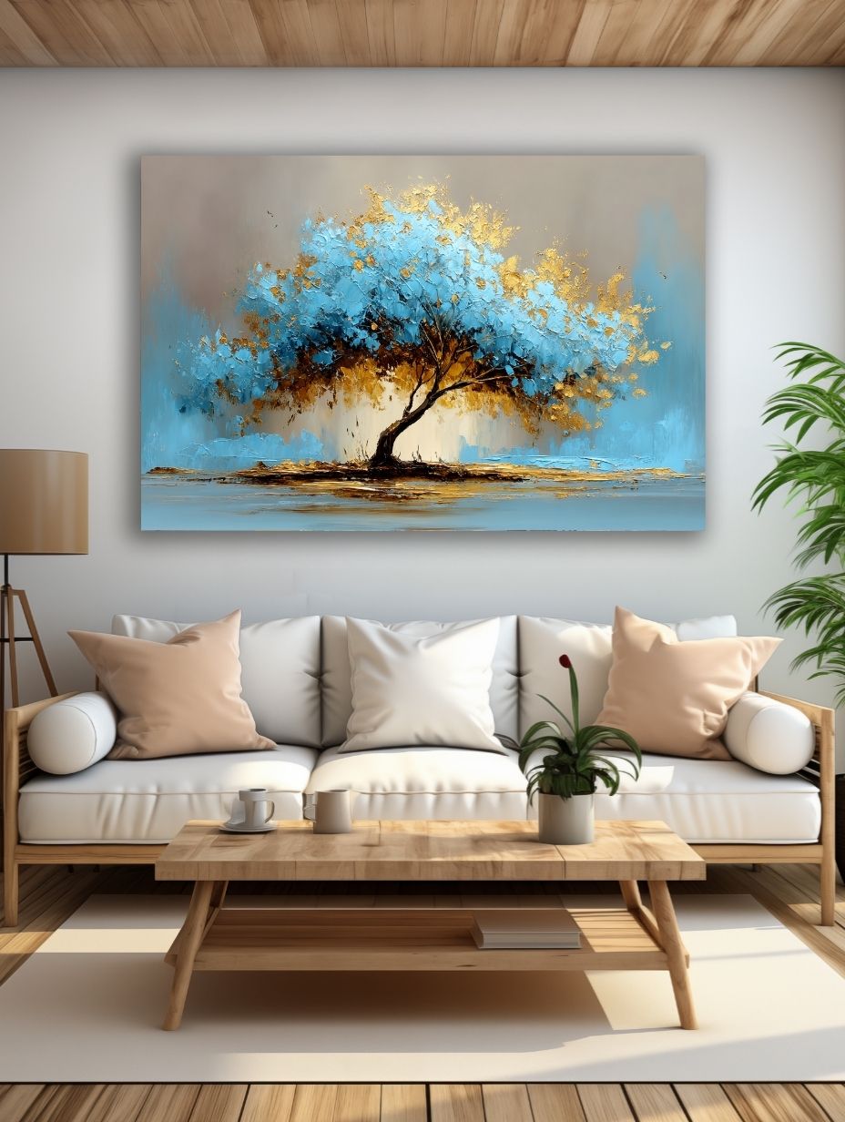 Auksinis Mėlynas Medis paveikslas šviesioje modernioje svetainėje su balta sofa ir natūralaus medžio interjeru