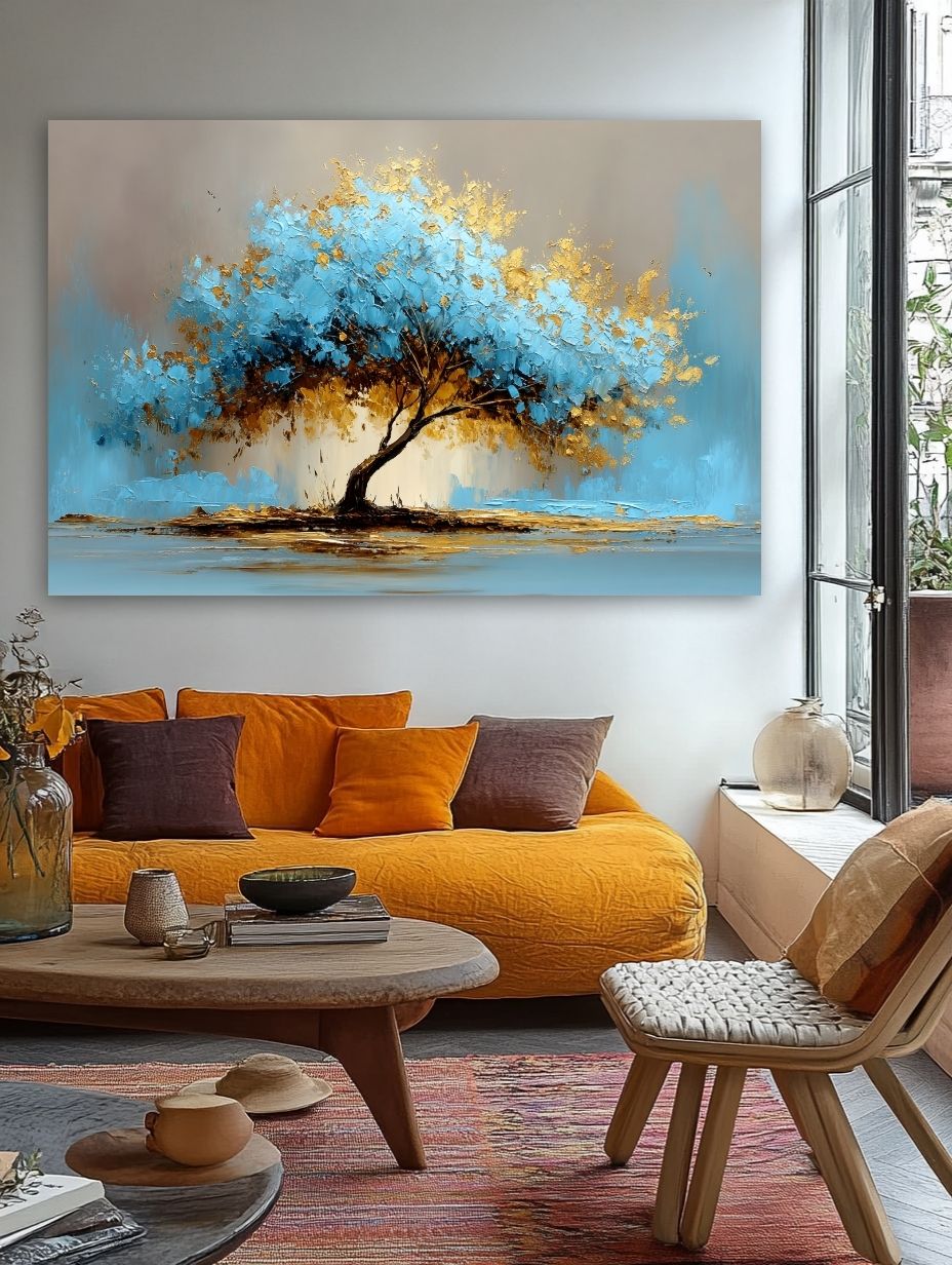 Auksinis Mėlynas Medis paveikslas jaukioje bohemiško stiliaus svetainėje su geltona sofa ir rudens akcentais