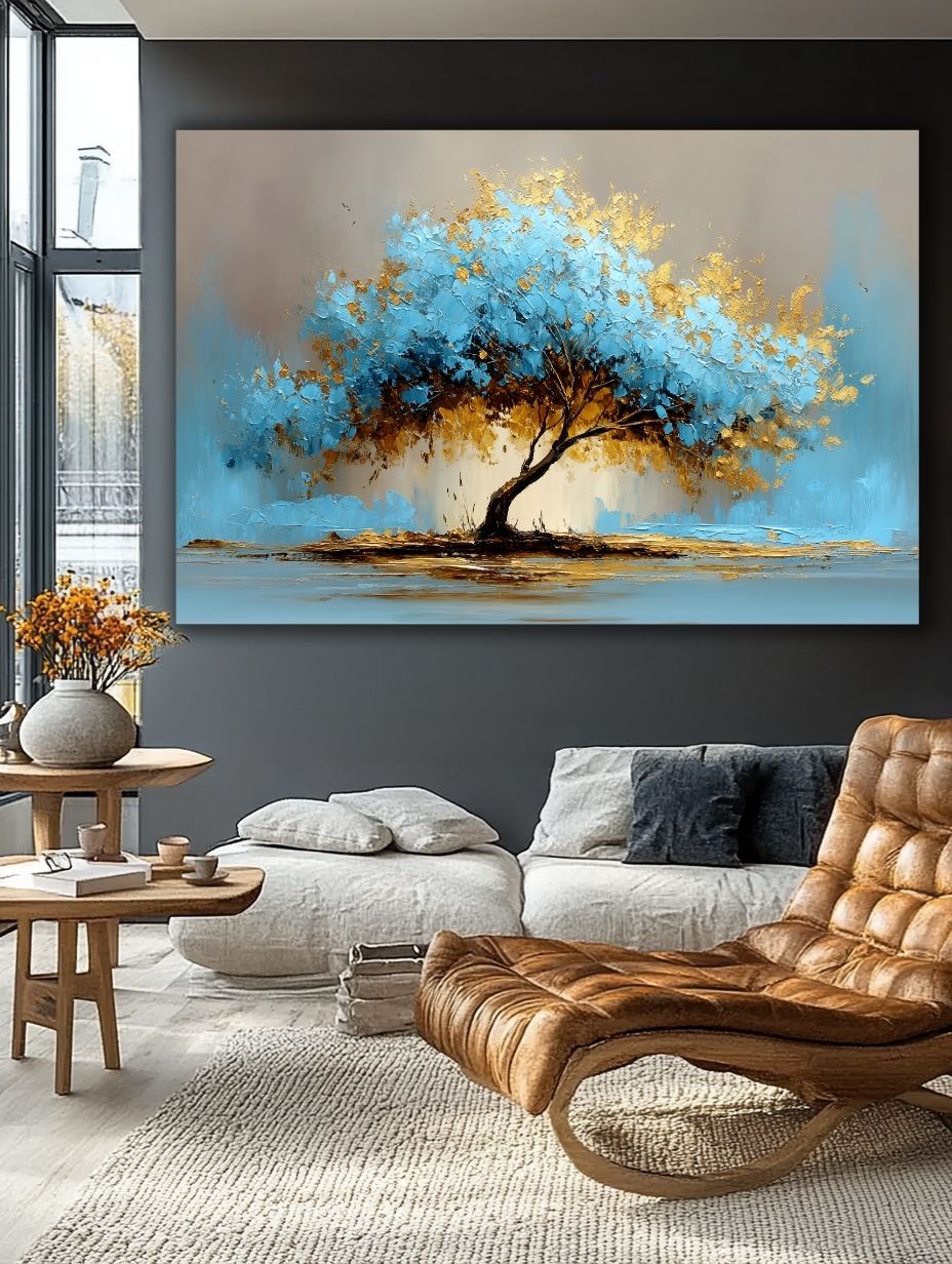 Auksinis Mėlynas Medis paveikslas elegantiškoje svetainėje su tamsiomis sienomis ir odiniu foteliu