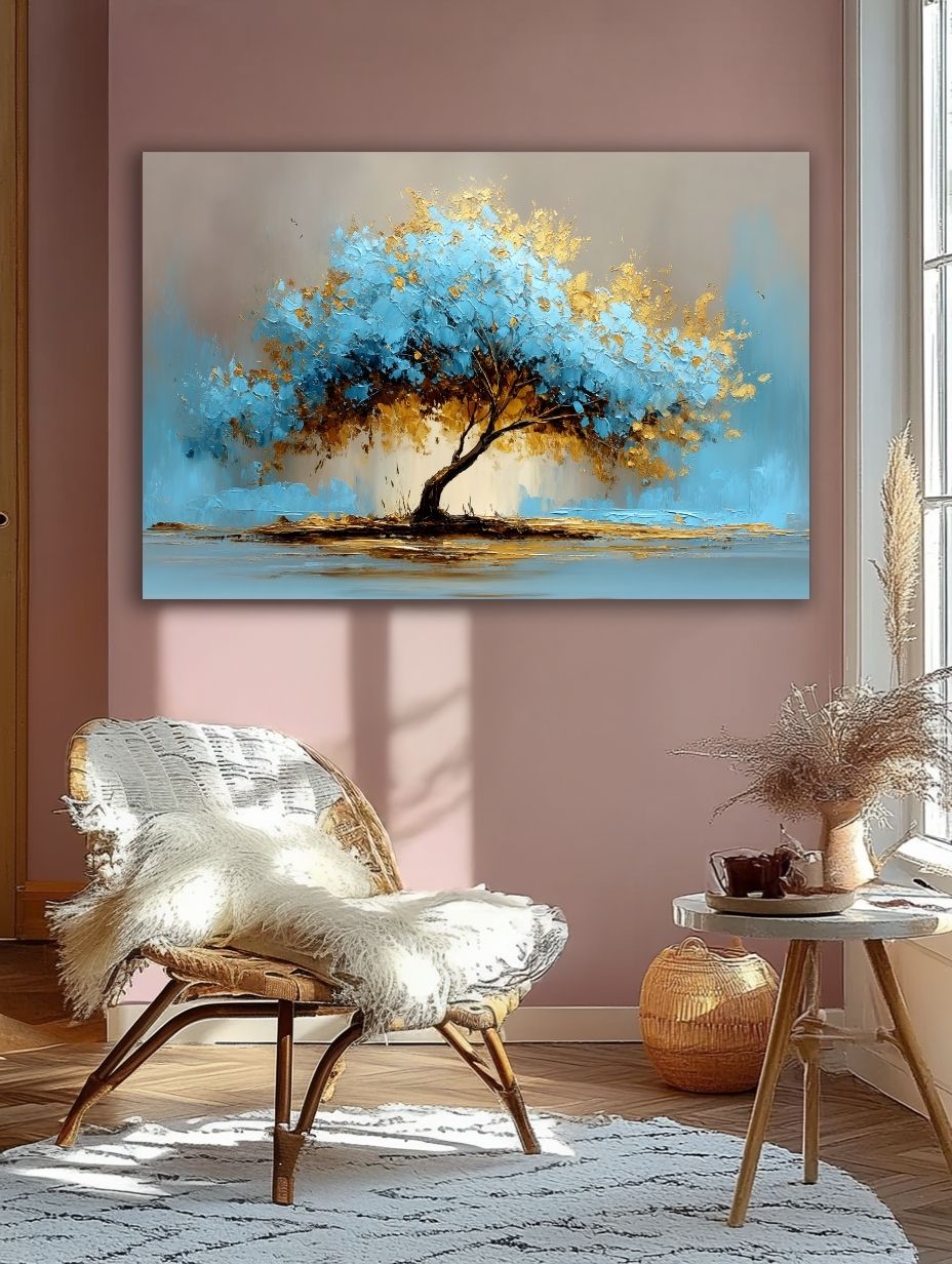Auksinis Mėlynas Medis paveikslas romantiškoje šviesioje svetainėje su rožinėmis sienomis ir pintu foteliu