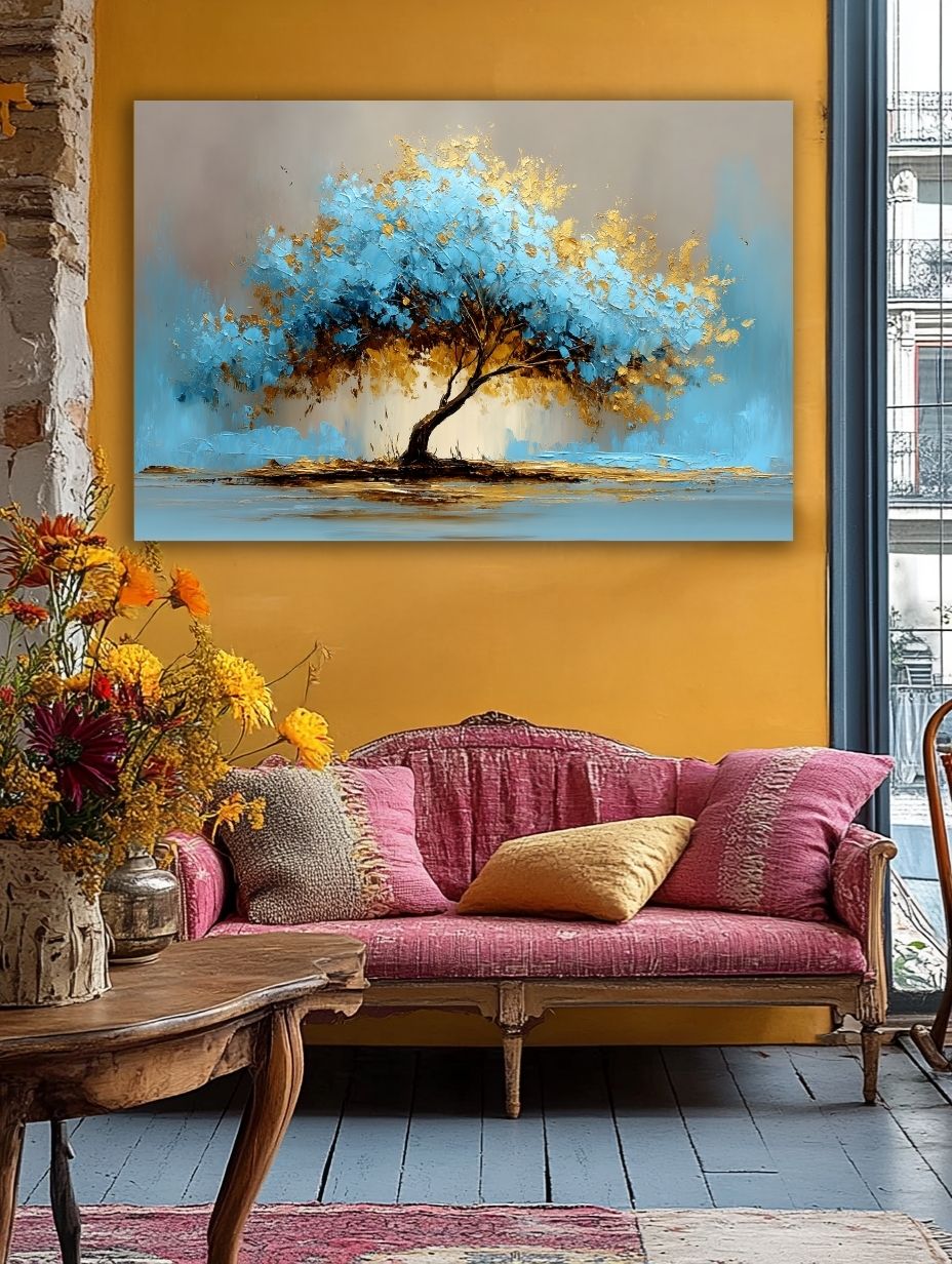 Auksinis Mėlynas Medis paveikslas klasikiniame interjere su geltonomis sienomis ir senovine sofa