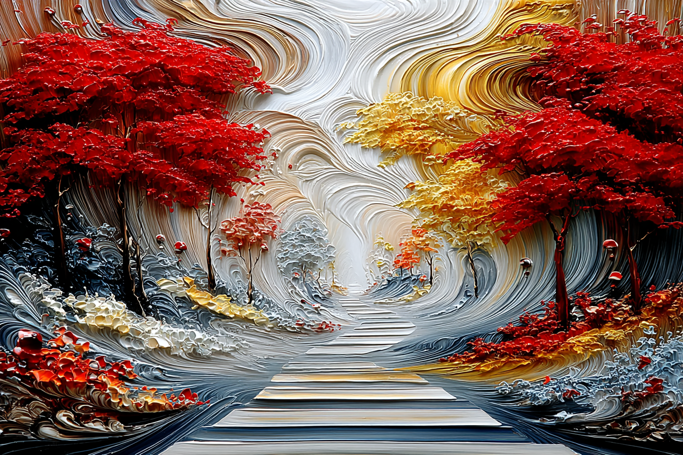 magiško miško stiliaus abstraktus paveikslas su šviesos taku