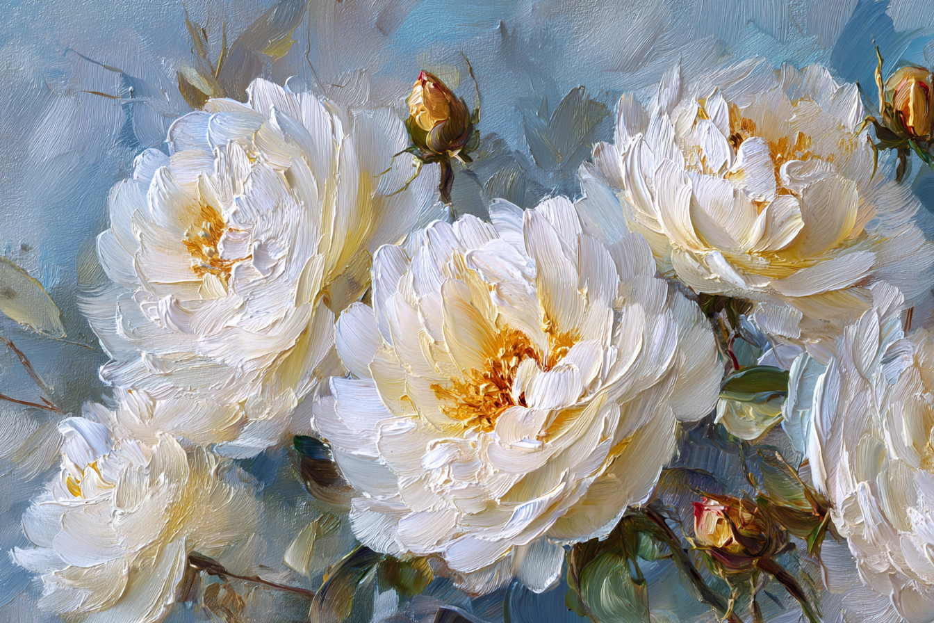 Balti bijūnai tapyti aliejiniais dažais mėlyname fone