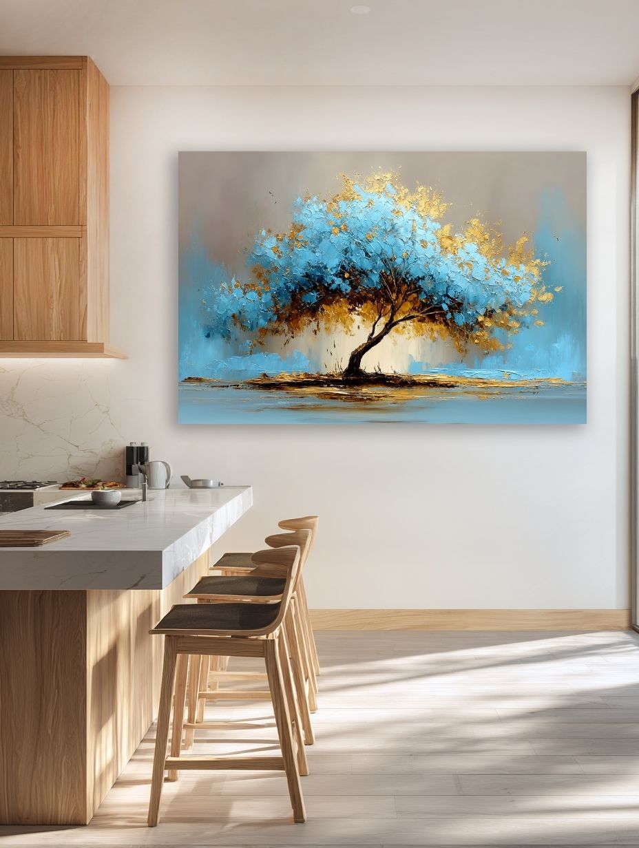 Auksinis mėlynas medis paveikslas Šiuolaikiškoje virtuvės ir valgomojo erdvėje su medžio akcentais