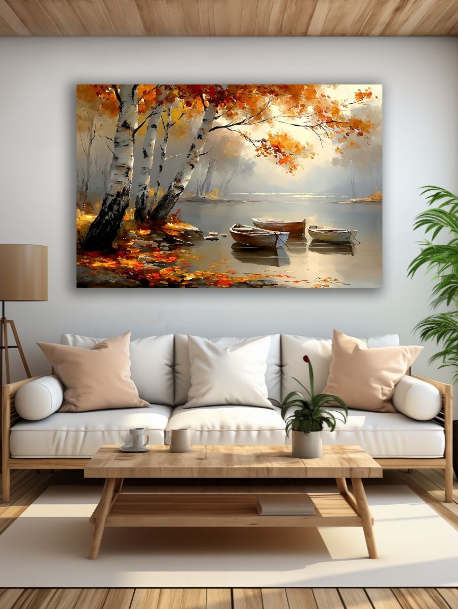 Rudens tylos akimirka paveikslas šviesioje modernioje svetainėje su balta sofa ir natūralaus medžio interjeru