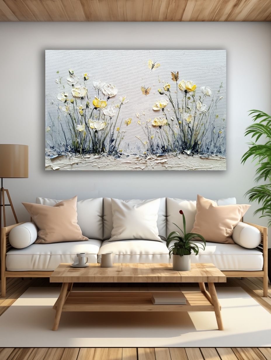 Vasaros pievos šnabždesys paveikslas šviesioje modernioje svetainėje su balta sofa ir natūralaus medžio interjeru