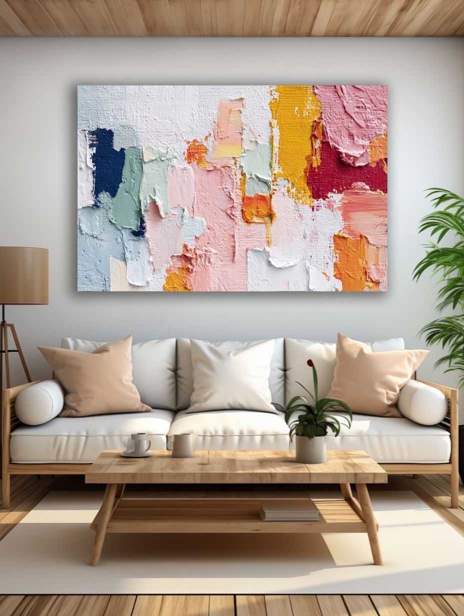 Spalvų Harmonijos Fragmentai paveikslas šviesioje modernioje svetainėje su balta sofa ir natūralaus medžio interjeru