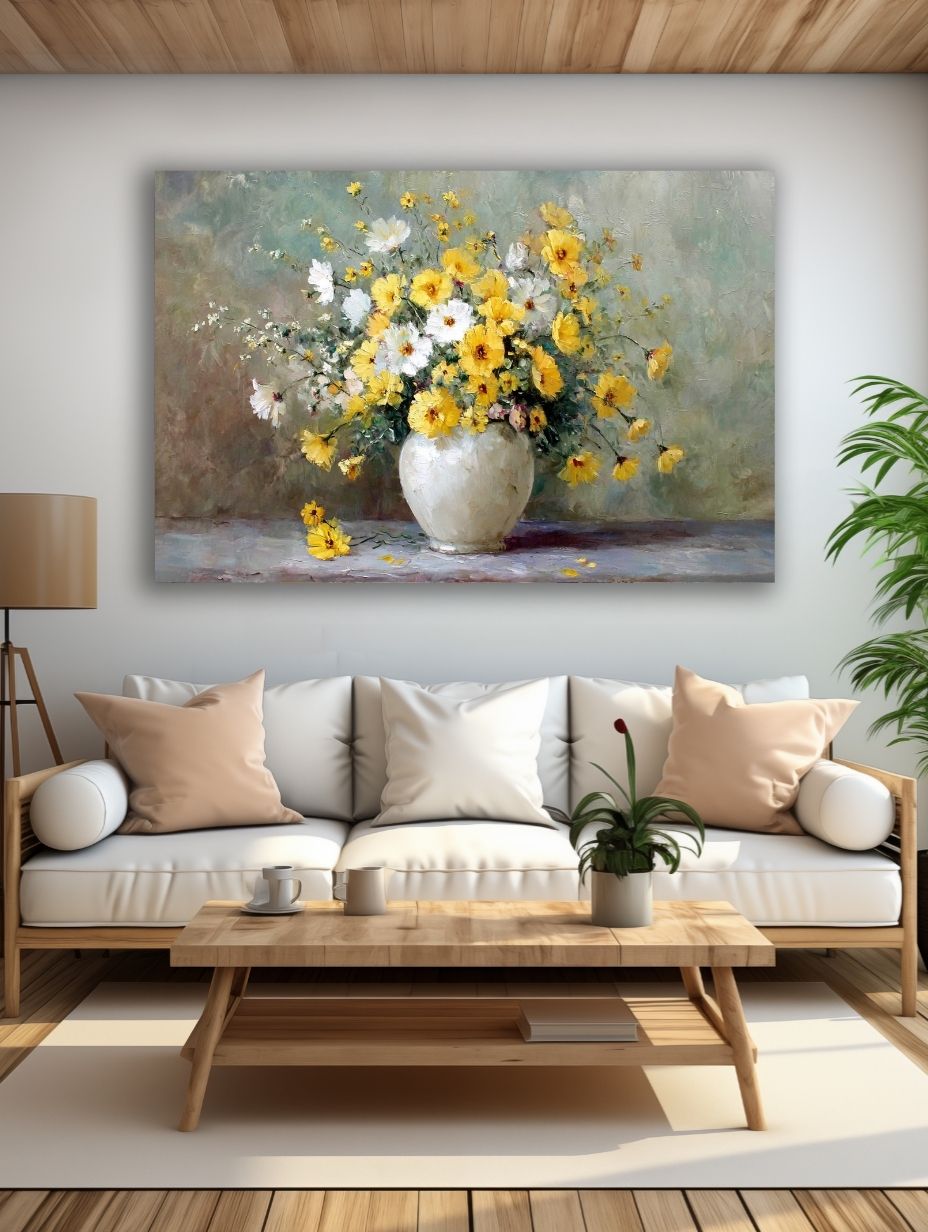 Saulėtų Žiedų Harmonija paveikslas šviesioje modernioje svetainėje su balta sofa ir natūralaus medžio interjeru