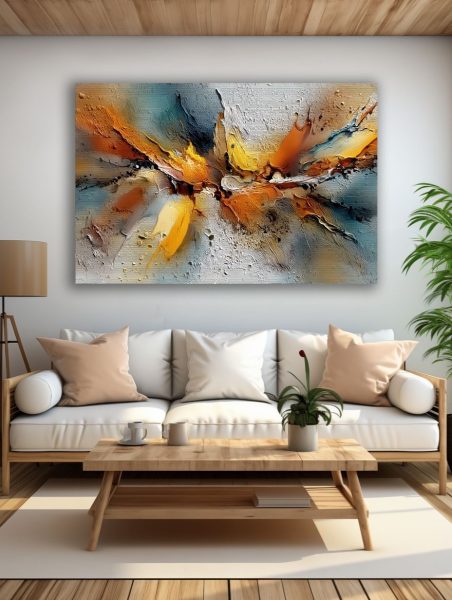 Auksinė Energijos Sintezė paveikslas šviesioje modernioje svetainėje su balta sofa ir natūralaus medžio interjeru