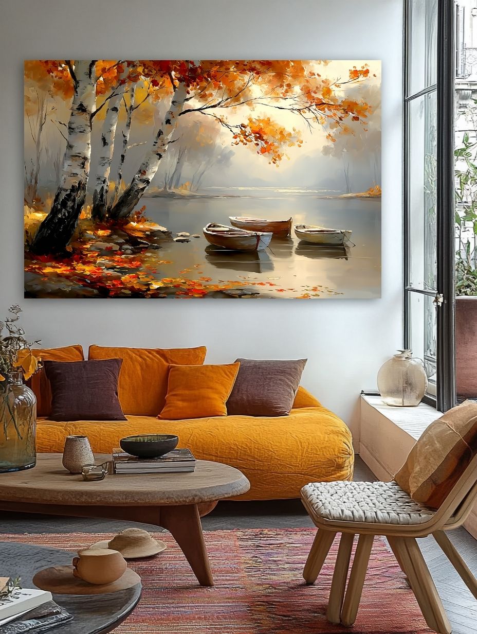 Rudens tylos akimirka paveikslas jaukioje bohemiško stiliaus svetainėje su geltona sofa ir rudens akcentais