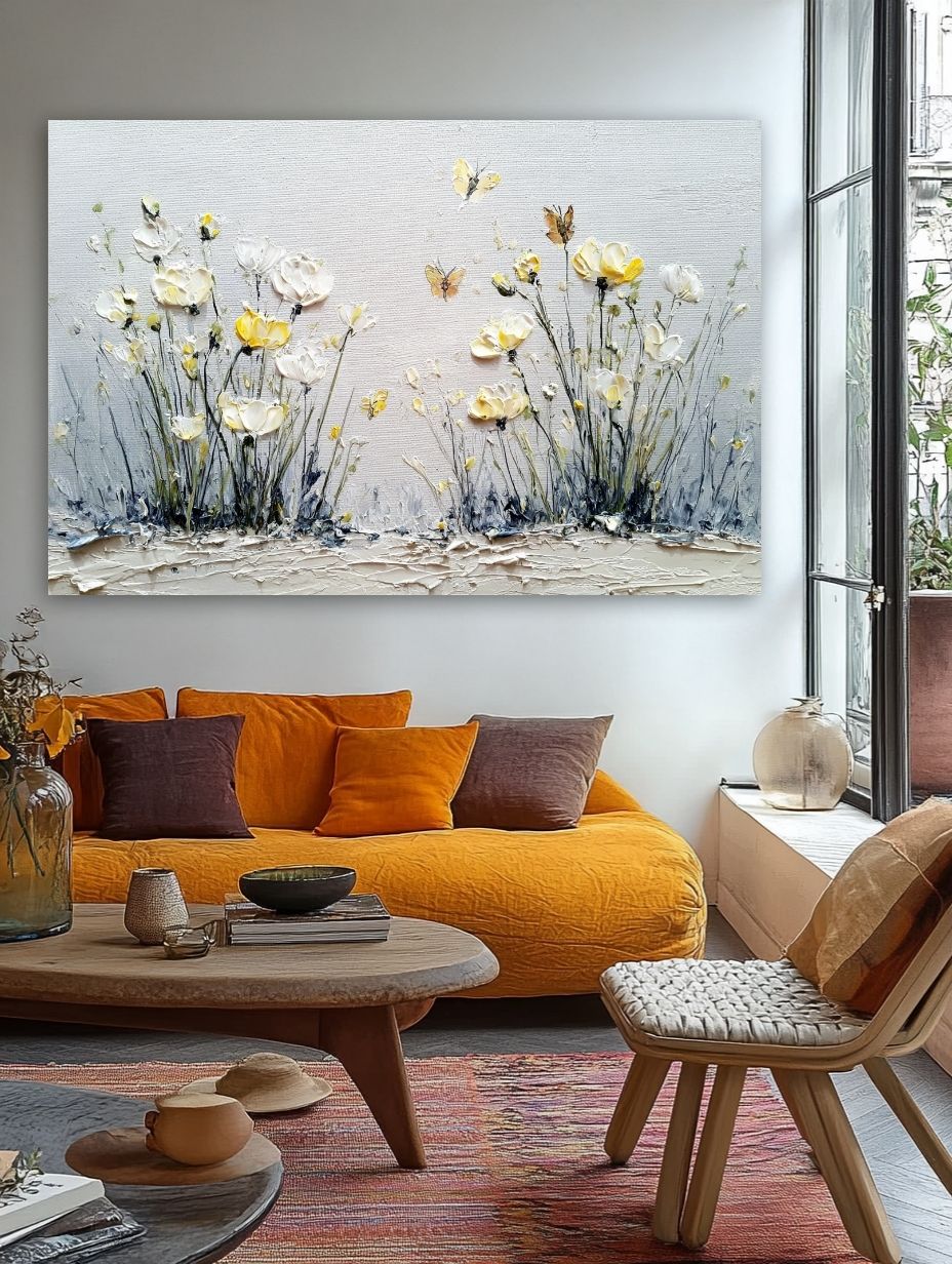 Vasaros pievos šnabždesys paveikslas jaukioje bohemiško stiliaus svetainėje su geltona sofa ir rudens akcentais