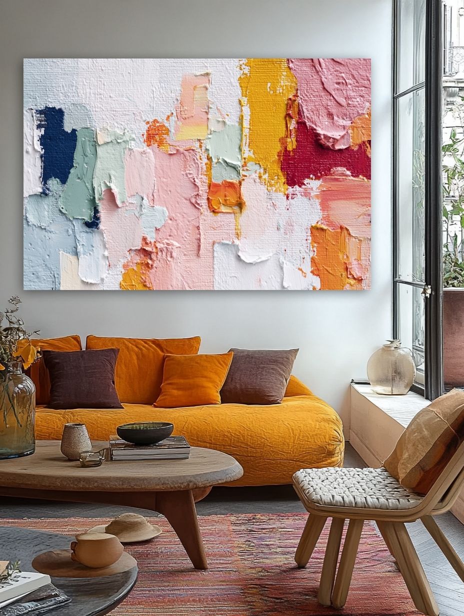 Spalvų Harmonijos Fragmentai paveikslas jaukioje bohemiško stiliaus svetainėje su geltona sofa ir rudens akcentais