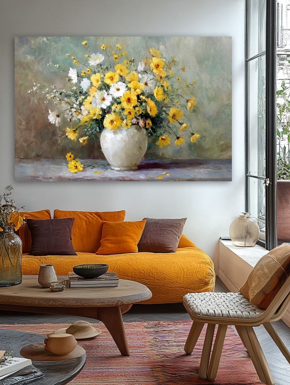 Saulėtų Žiedų Harmonija paveikslas jaukioje bohemiško stiliaus svetainėje su geltona sofa ir rudens akcentais