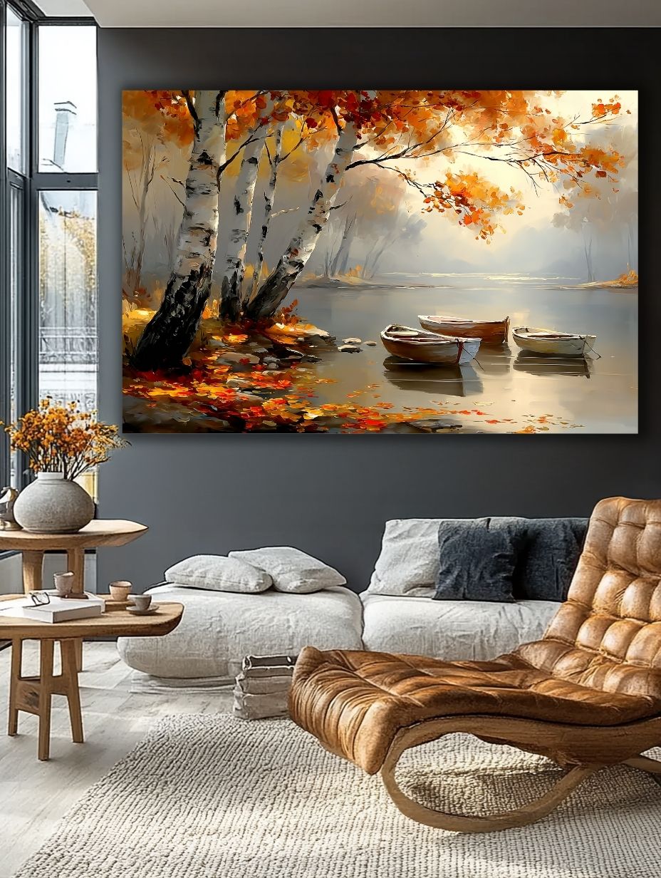 Rudens tylos akimirka paveikslas elegantiškoje svetainėje su tamsiomis sienomis ir odiniu foteliu