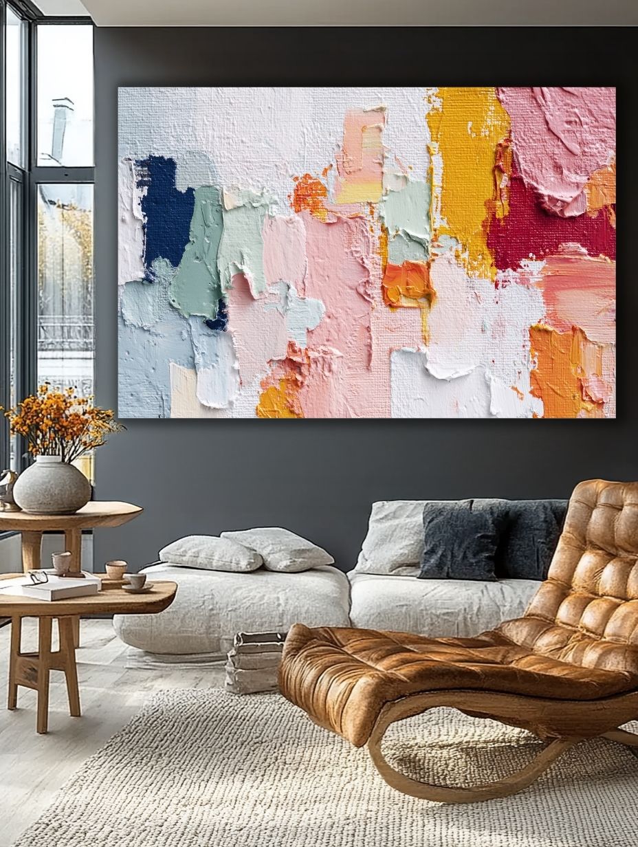 Spalvų Harmonijos Fragmentai paveikslas elegantiškoje svetainėje su tamsiomis sienomis ir odiniu foteliu