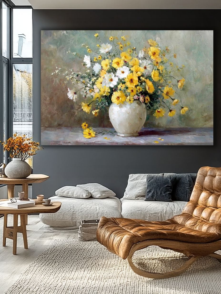 Saulėtų Žiedų Harmonija paveikslas elegantiškoje svetainėje su tamsiomis sienomis ir odiniu foteliu