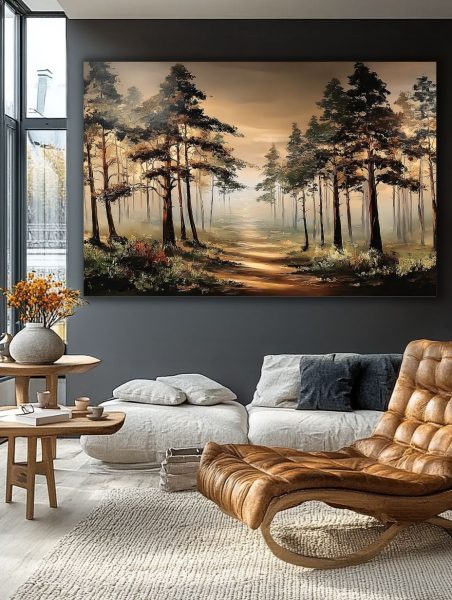 Rūko Takas Pušyne paveikslas elegantiškoje svetainėje su tamsiomis sienomis ir odiniu foteliu