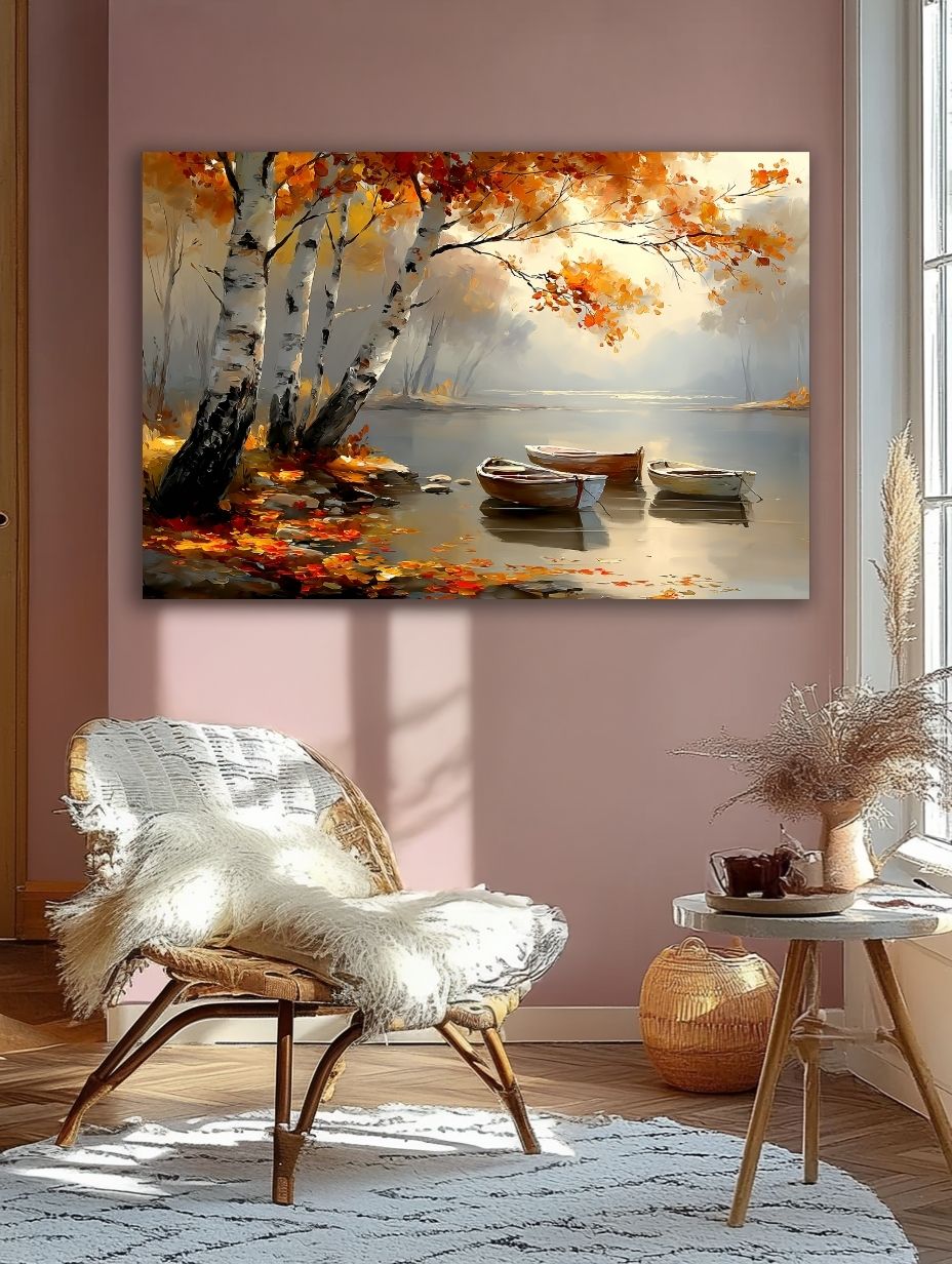 Rudens tylos akimirka paveikslas romantiškoje šviesioje svetainėje su rožinėmis sienomis ir pintu foteliu