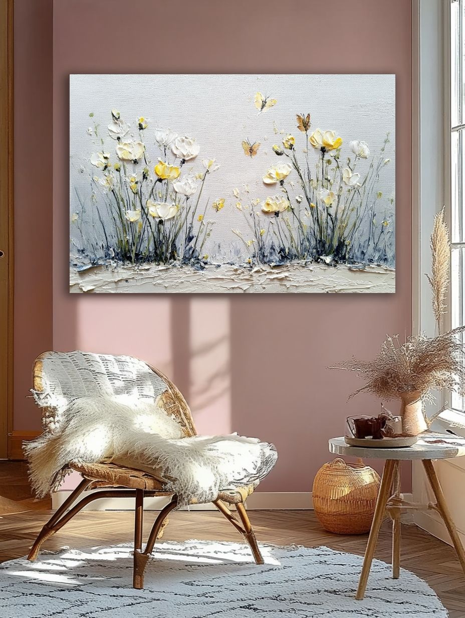 Vasaros pievos šnabždesys paveikslas romantiškoje šviesioje svetainėje su rožinėmis sienomis ir pintu foteliu