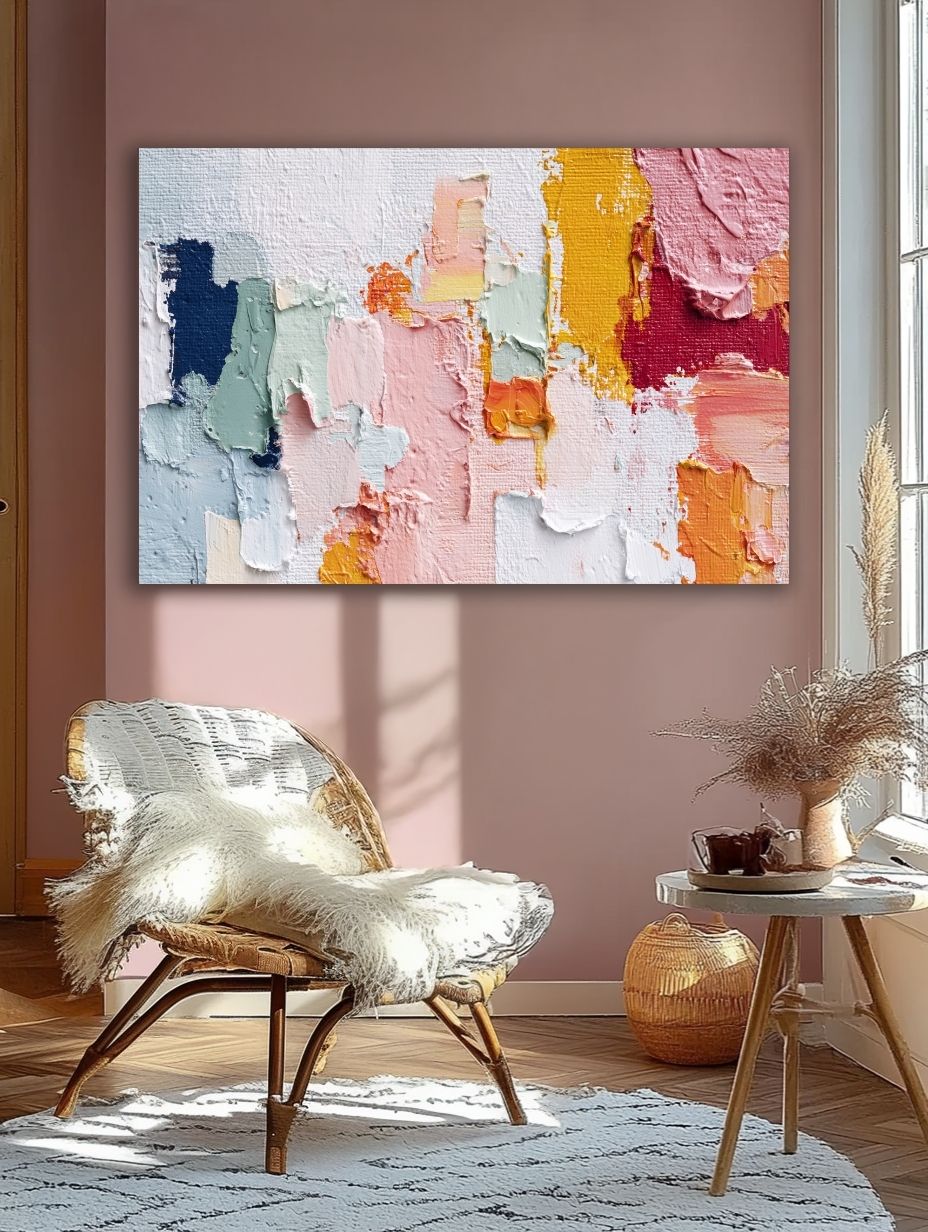 Spalvų Harmonijos Fragmentai paveikslas romantiškoje šviesioje svetainėje su rožinėmis sienomis ir pintu foteliu