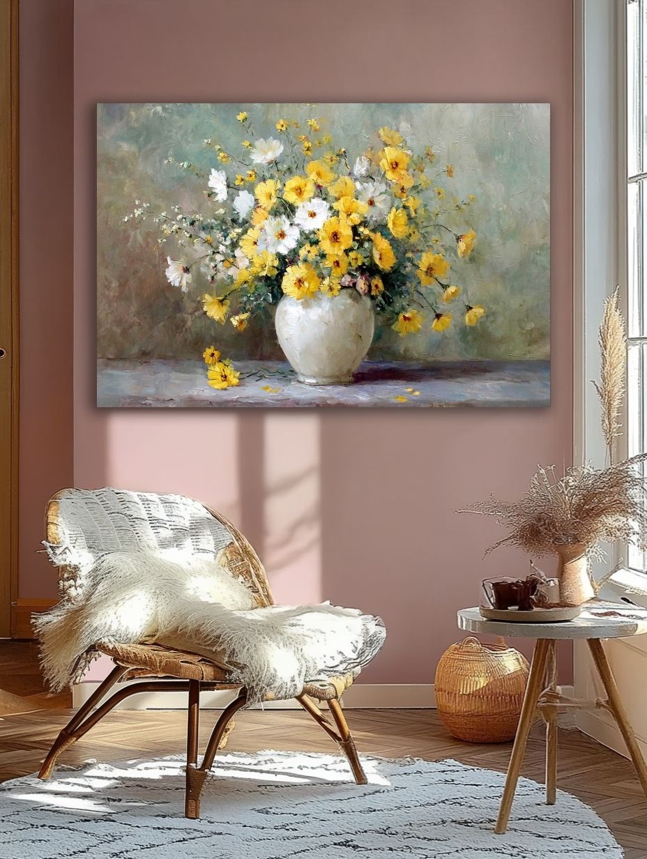 Saulėtų Žiedų Harmonija paveikslas romantiškoje šviesioje svetainėje su rožinėmis sienomis ir pintu foteliu