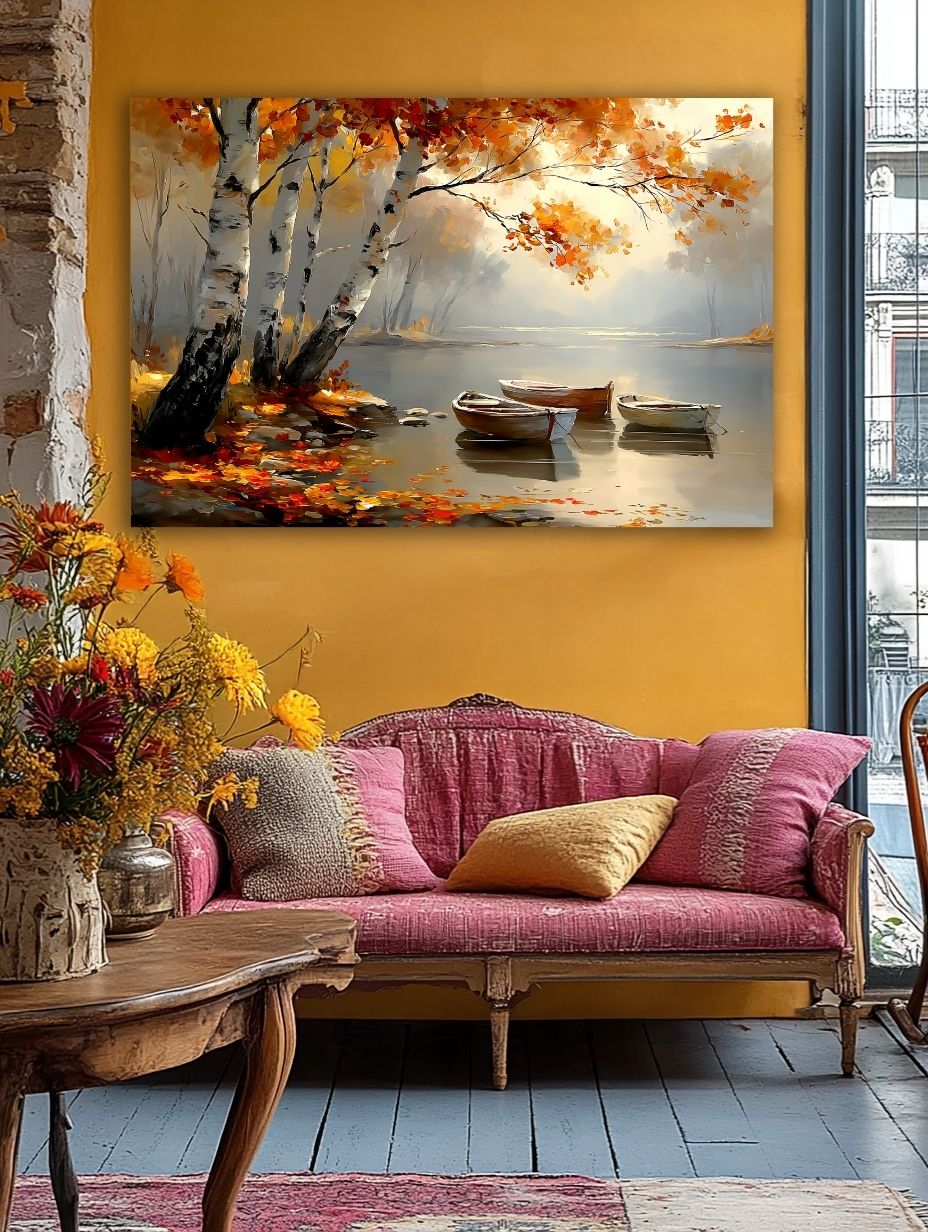 Rudens tylos akimirka paveikslas klasikiniame interjere su geltonomis sienomis ir senovine sofa