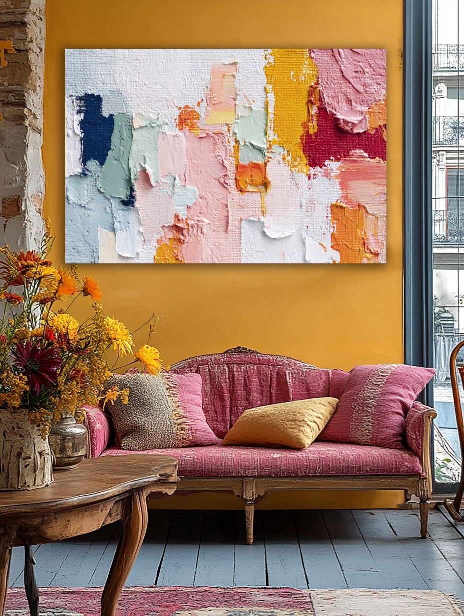 Spalvų Harmonijos Fragmentai paveikslas klasikiniame interjere su geltonomis sienomis ir senovine sofa