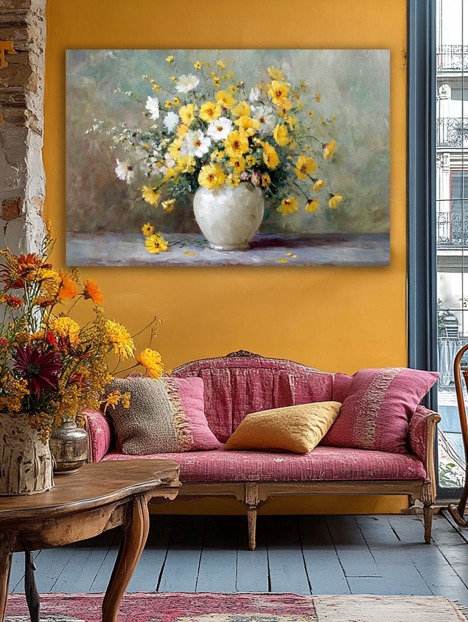 Saulėtų Žiedų Harmonija paveikslas klasikiniame interjere su geltonomis sienomis ir senovine sofa