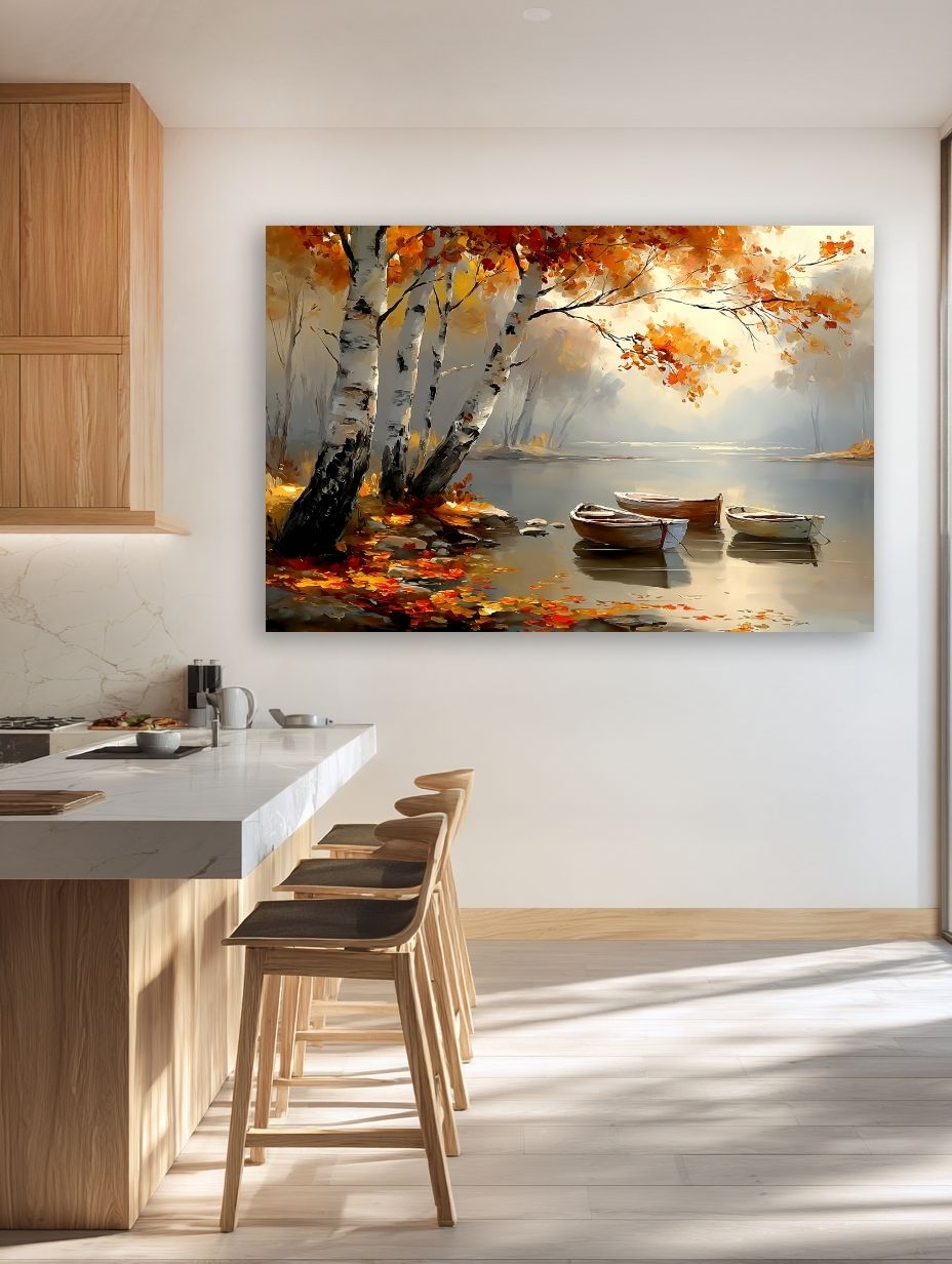 Rudens tylos akimirka paveikslas šiuolaikiškoje virtuvės ir valgomojo erdvėje su medžio akcentais