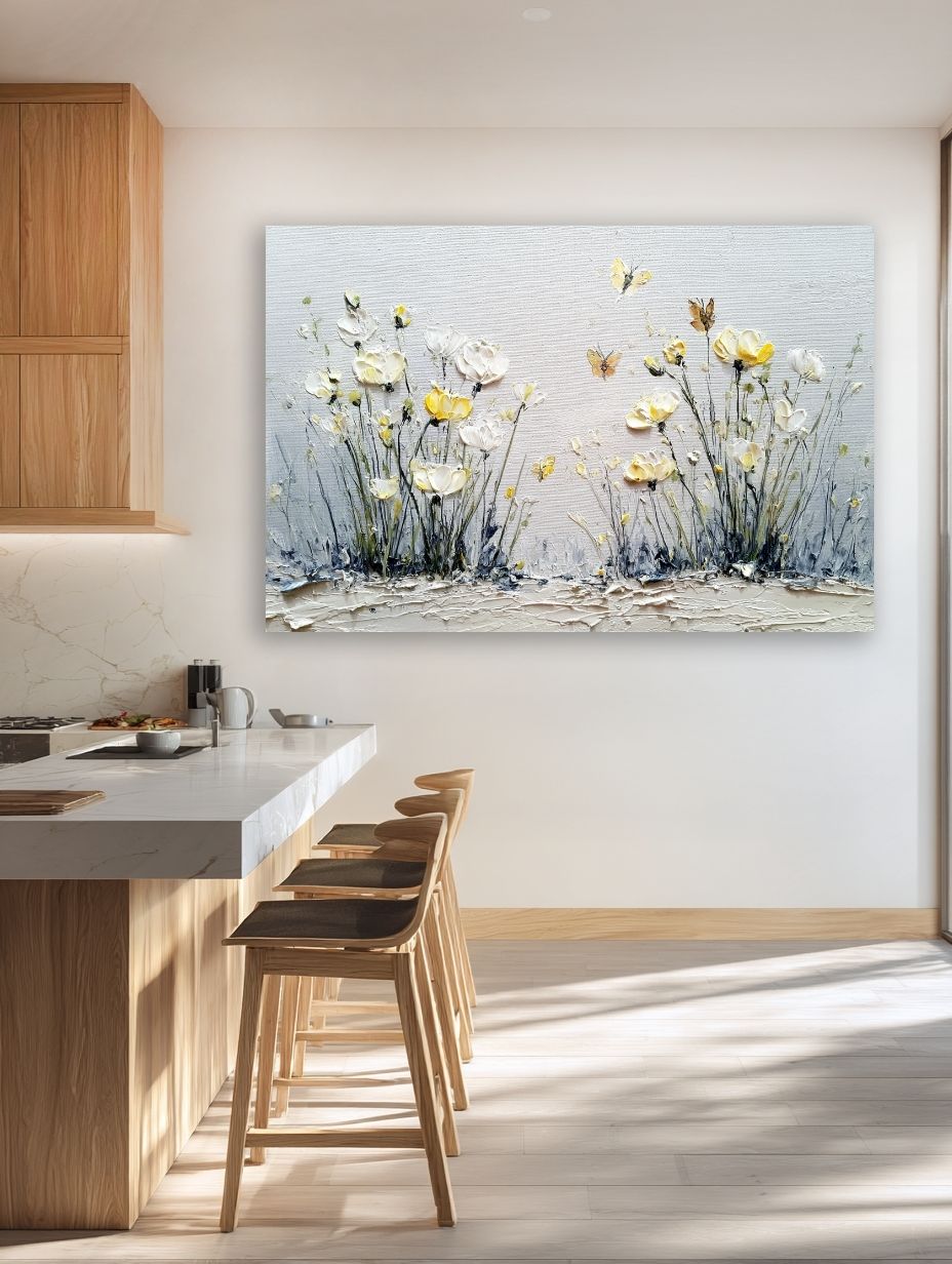 Vasaros pievos šnabždesys paveikslas šiuolaikiškoje virtuvės ir valgomojo erdvėje su medžio akcentais