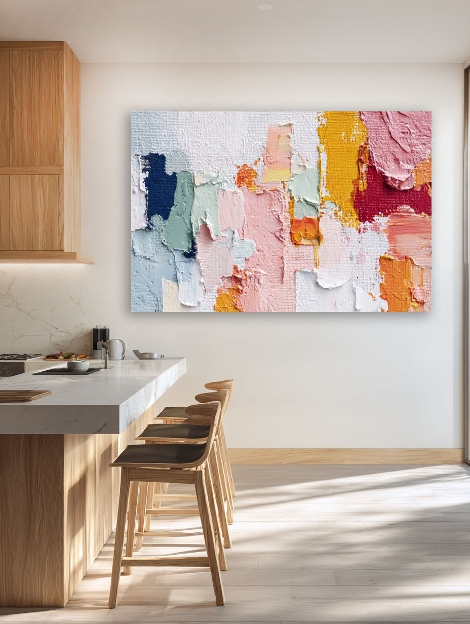 Spalvų Harmonijos Fragmentai paveikslas Šiuolaikiškoje virtuvės ir valgomojo erdvėje su medžio akcentais