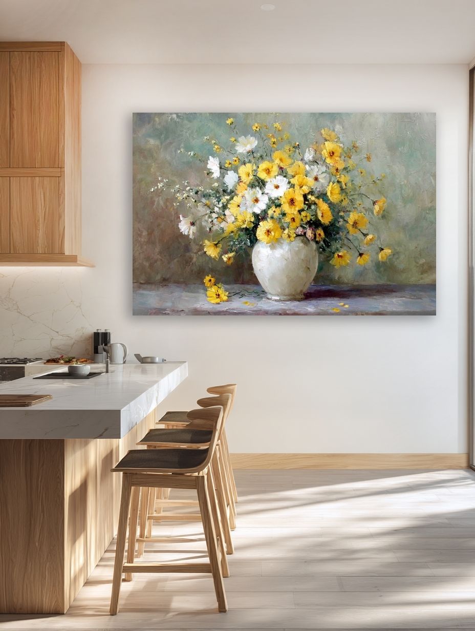 Saulėtų Žiedų Harmonija paveikslas Šiuolaikiškoje virtuvės ir valgomojo erdvėje su medžio akcentais