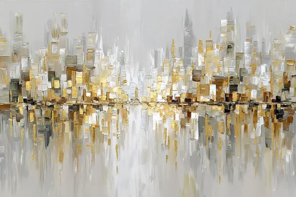 Abstraktus šviesus miesto siluetas su aukso akcentais ir atspindžiu vandenyje