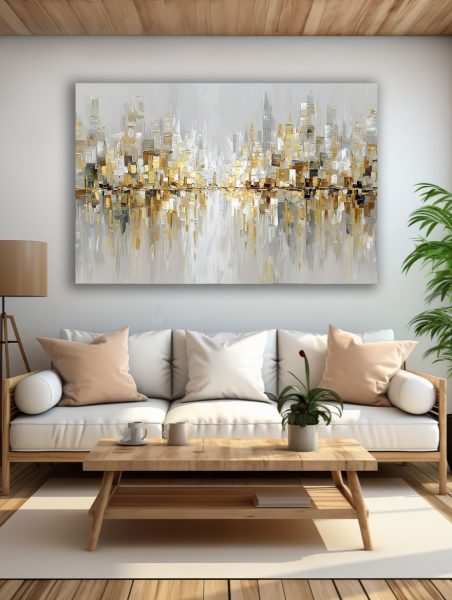 Auksinio miesto atspindžiai paveikslas šviesioje modernioje svetainėje su balta sofa ir natūralaus medžio interjeru
