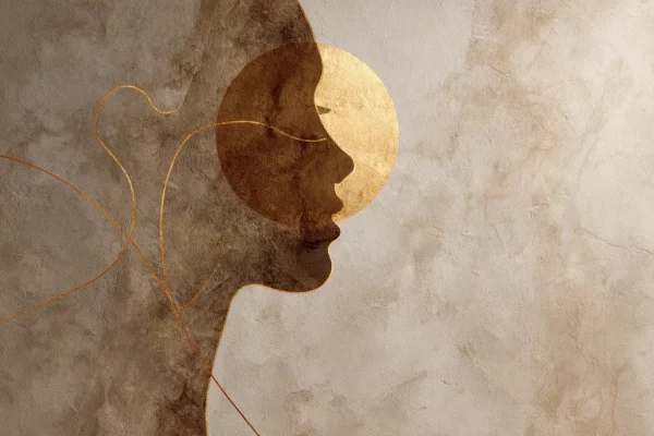 Minimalistinis moters silueto paveikslas su auksiniu apskritimu ir žemės tonų fonu