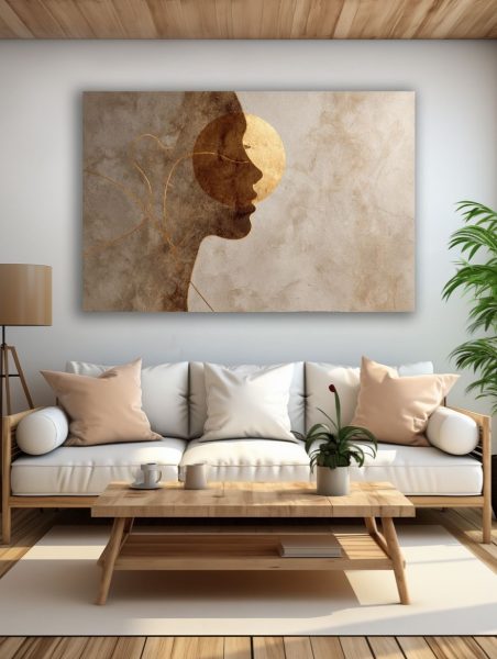 Auksinis Ramybės Siluetas paveikslas šviesioje modernioje svetainėje su balta sofa ir natūralaus medžio interjeru