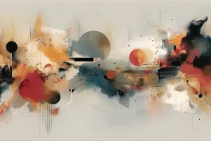 Modernus abstraktus paveikslas su geometrinėmis formomis, apskritimais ir raudonais bei pilkais spalvų akcentais