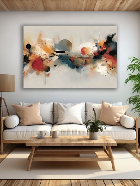 Geometrinė Spalvų Sintezė paveikslas šviesioje modernioje svetainėje su balta sofa ir natūralaus medžio interjeru