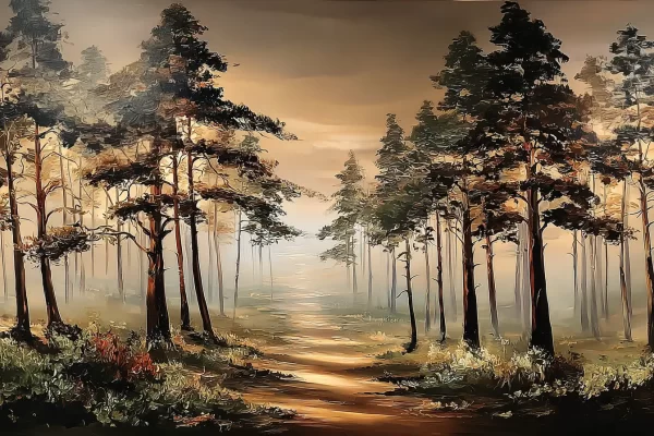 Miško takas pušyne su rytiniu rūku ir saulės spinduliais