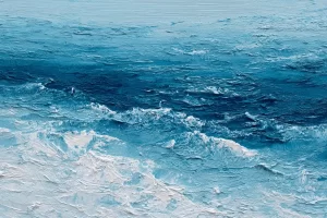 Abstraktus turkio ir mėlynų atspalvių jūros bangų paveikslas su reljefine faktūra