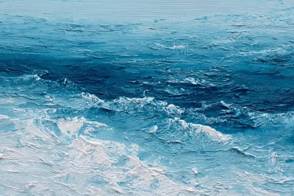 Abstraktus turkio ir mėlynų atspalvių jūros bangų paveikslas su reljefine faktūra