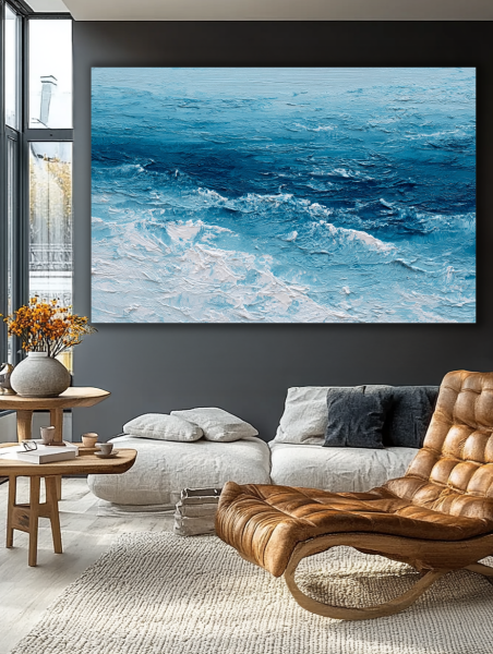 Turkio Bangų Harmonija paveikslas elegantiškoje svetainėje su tamsiomis sienomis ir odiniu foteliu