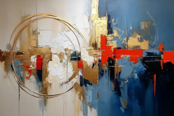 Abstraktus paveikslas su mėlynais, aukso ir raudonais tonais bei geometriniais elementais