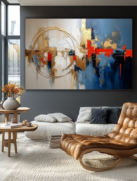 Abstrakti kompozicija su aukso ir mėlynais tonais paveikslas elegantiškoje svetainėje su tamsiomis sienomis ir odiniu foteliu