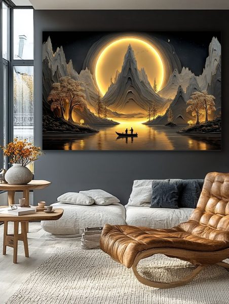 Auksinio mėnulio kalnų ramybė paveikslas elegantiškoje svetainėje su tamsiomis sienomis ir odiniu foteliu