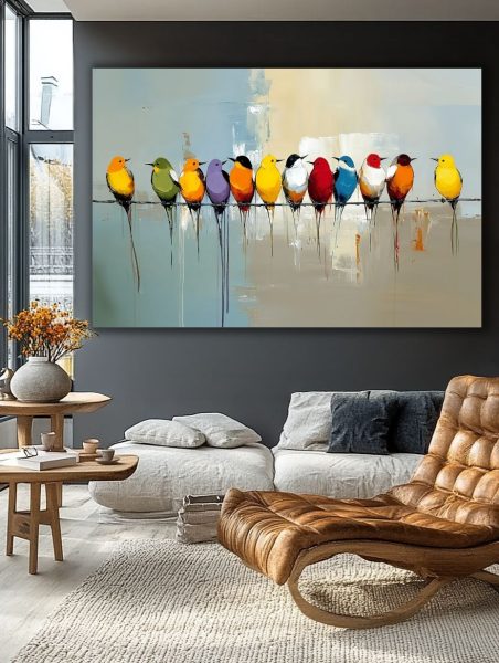 Spalvingi paukščiai ant vielos paveikslas elegantiškoje svetainėje su tamsiomis sienomis ir odiniu foteliu