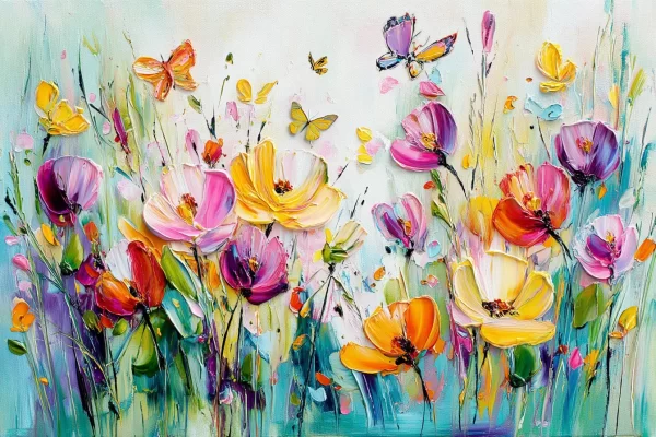 Spalvingas gėlių paveikslas su drugeliais ir ryškiomis spalvomis