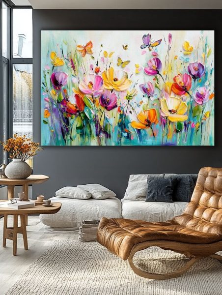 Spalvingų gėlių pieva su drugeliais paveikslas elegantiškoje svetainėje su tamsiomis sienomis ir odiniu foteliu